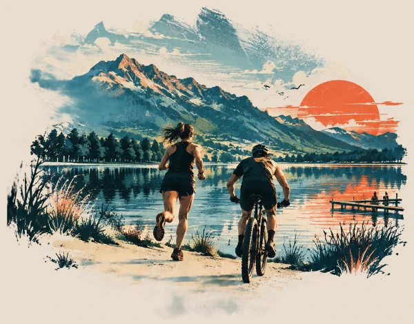 Une coureuse et un vététiste longent un lac de montagne au coucher du soleil